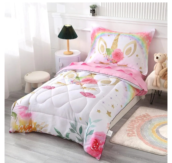 Unicorn Toddler Bedding Set for Girls – 4-Piece (White)