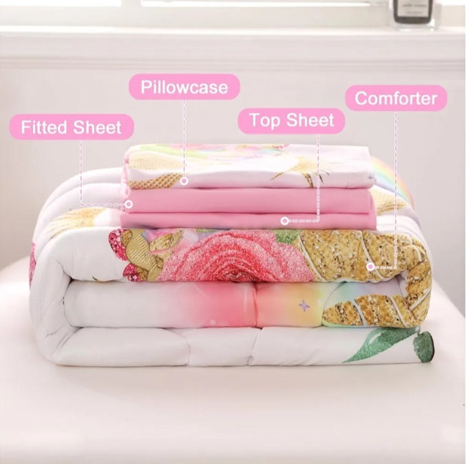 Unicorn Toddler Bedding Set for Girls – 4-Piece (White)