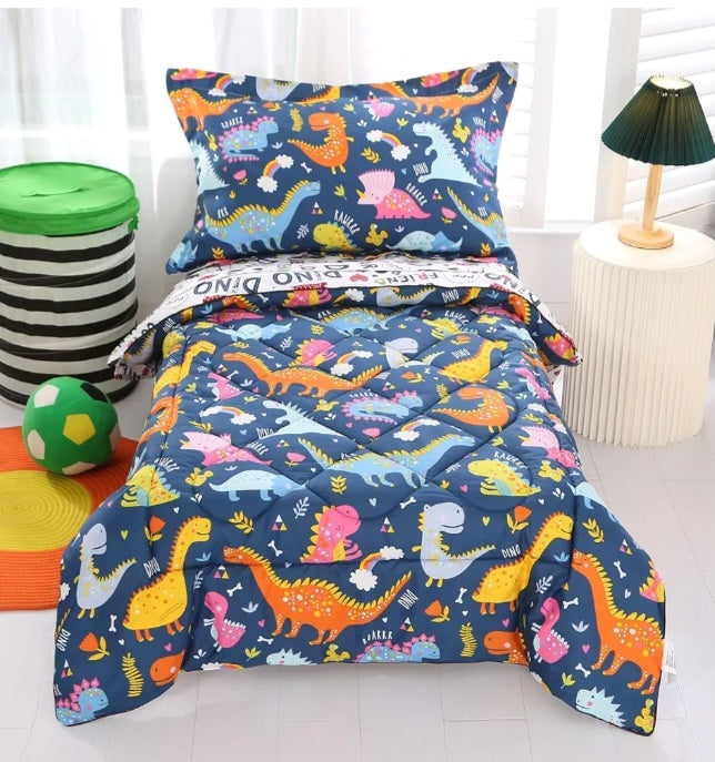 Dinosaur Toddler Bedding Set for Boys – 4-Piece (Grey/Blue)