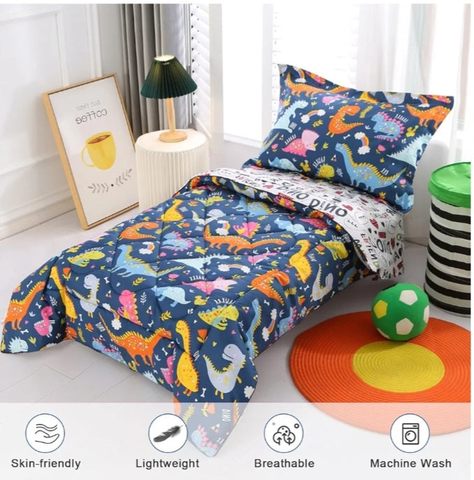 Dinosaur Toddler Bedding Set for Boys – 4-Piece (Grey/Blue)