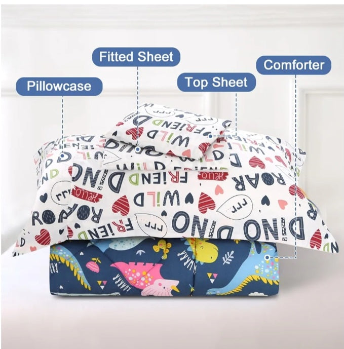 Dinosaur Toddler Bedding Set for Boys – 4-Piece (Grey/Blue)