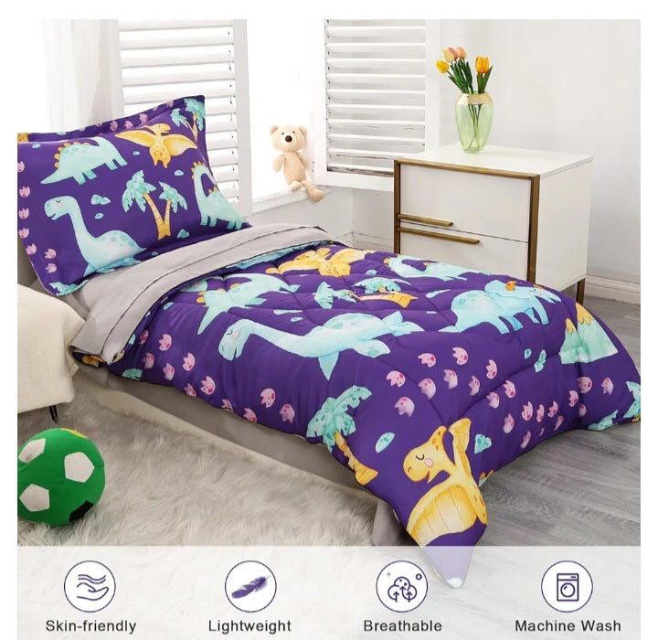 Dinosaur Toddler Bedding Set for Boys – 4-Piece (Purple)