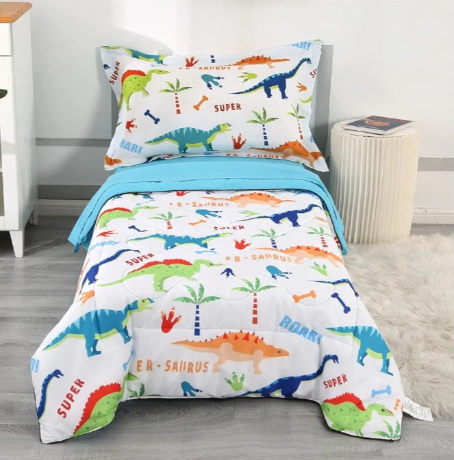 Dinosaur Toddler Bedding Set for Boys and Girls – 4-Piece (Blue/White)