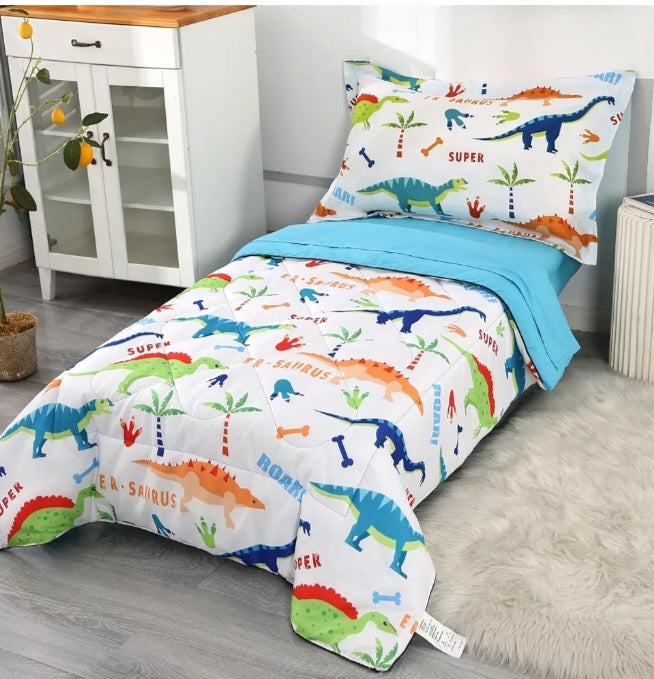 Dinosaur Toddler Bedding Set for Boys and Girls – 4-Piece (Blue/White)