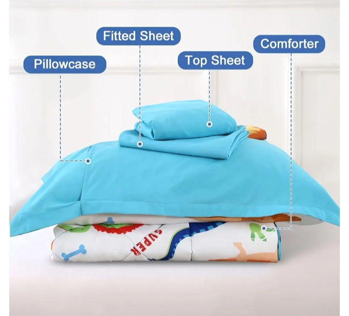 Dinosaur Toddler Bedding Set for Boys and Girls – 4-Piece (Blue/White)